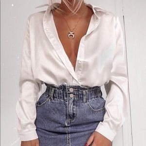 Satin button up blouse collared white work